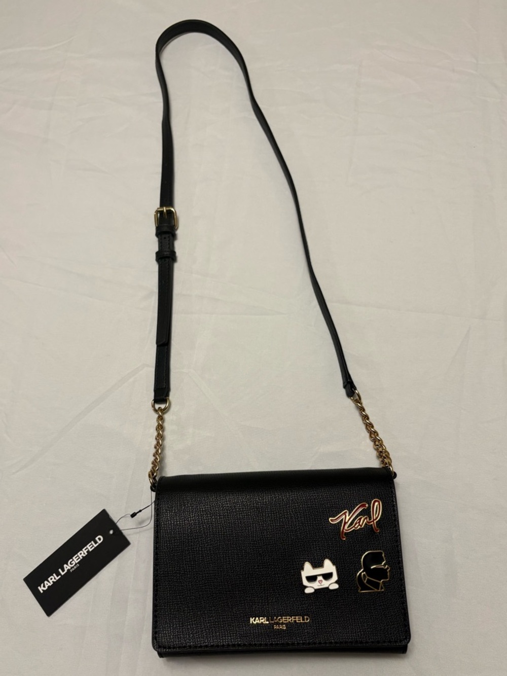 Karl Lagerfeld Black Crossbody Bag with Gold Hardware and Enamel Pins
